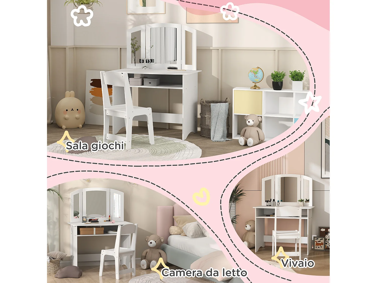 Set da trucco bambine con sedia e tavolo toeletta in legno bianco