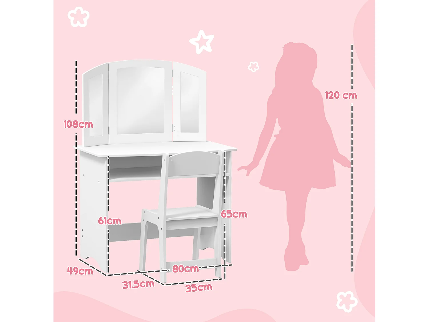 Set da trucco bambine con sedia e tavolo toeletta in legno bianco