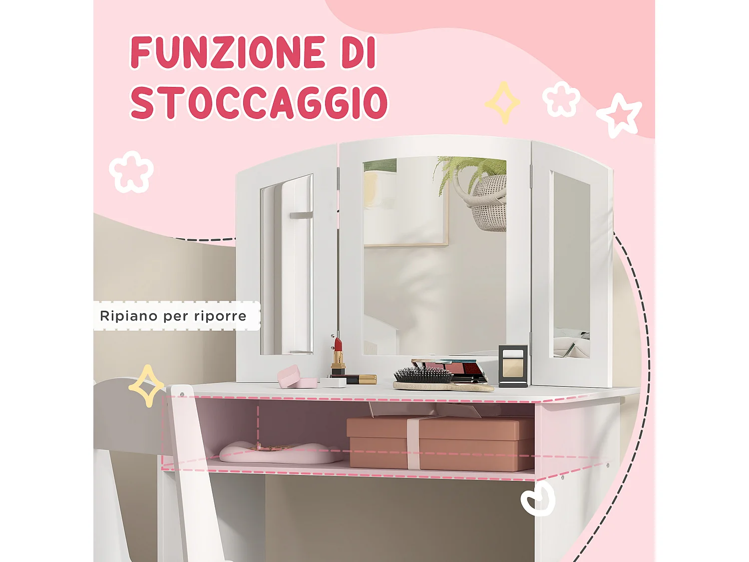 Set da trucco bambine con sedia e tavolo toeletta in legno bianco