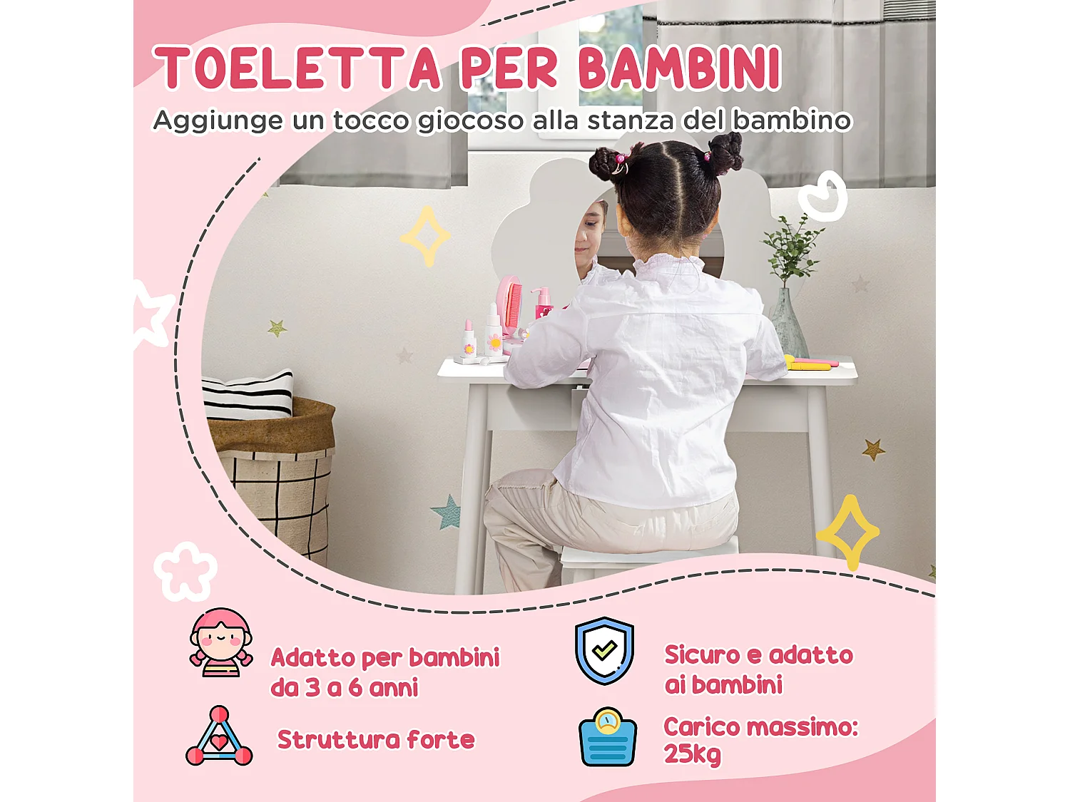 Set da trucco bambine con sgabello e tavolo toeletta in legno bianco