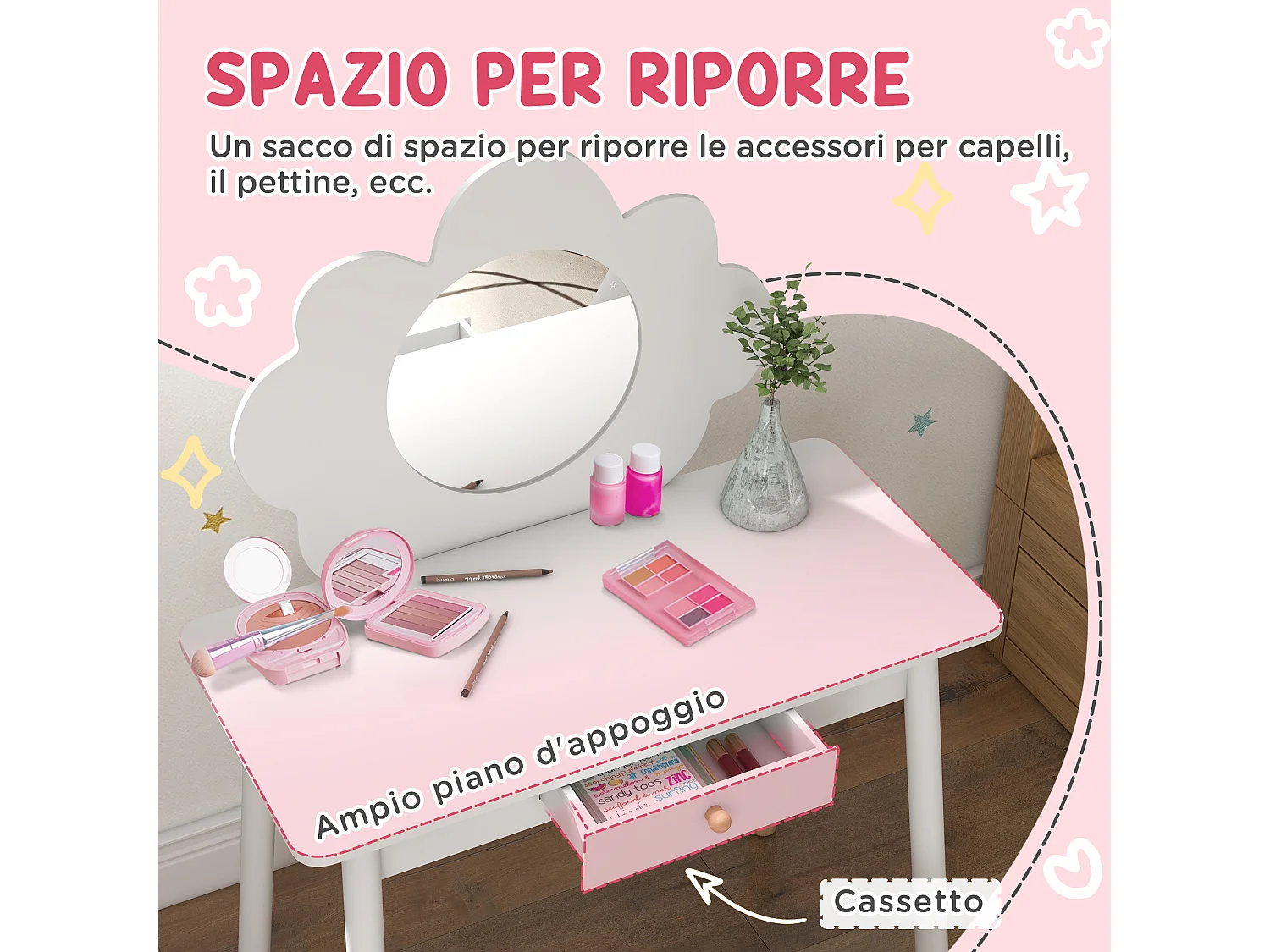 Set da trucco bambine con sgabello e tavolo toeletta in legno bianco