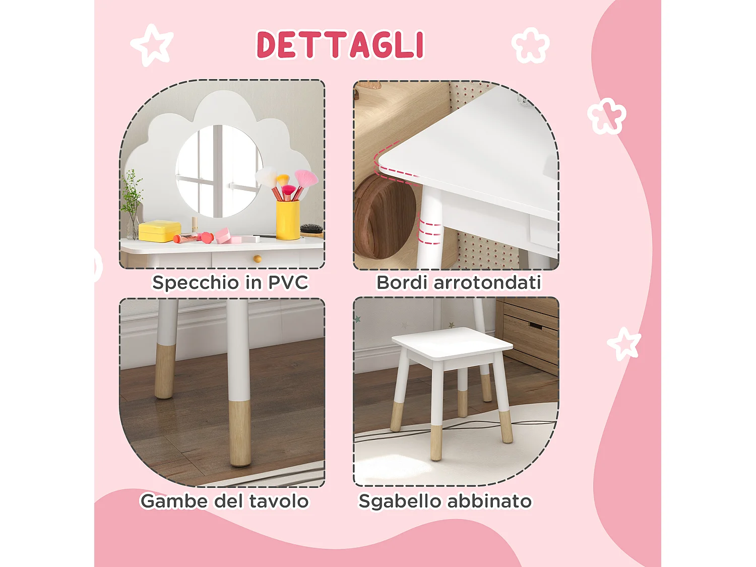 Set da trucco bambine con sgabello e tavolo toeletta in legno bianco