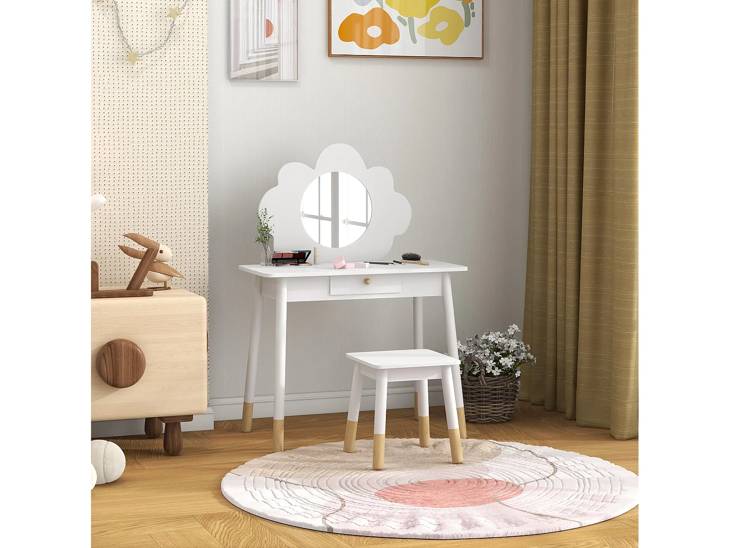 Set da trucco bambine con sgabello e tavolo toeletta in legno bianco