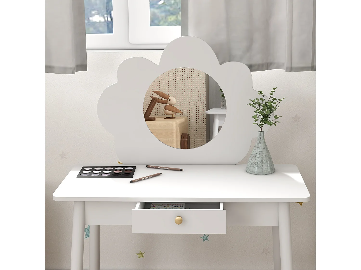 Set da trucco bambine con sgabello e tavolo toeletta in legno bianco