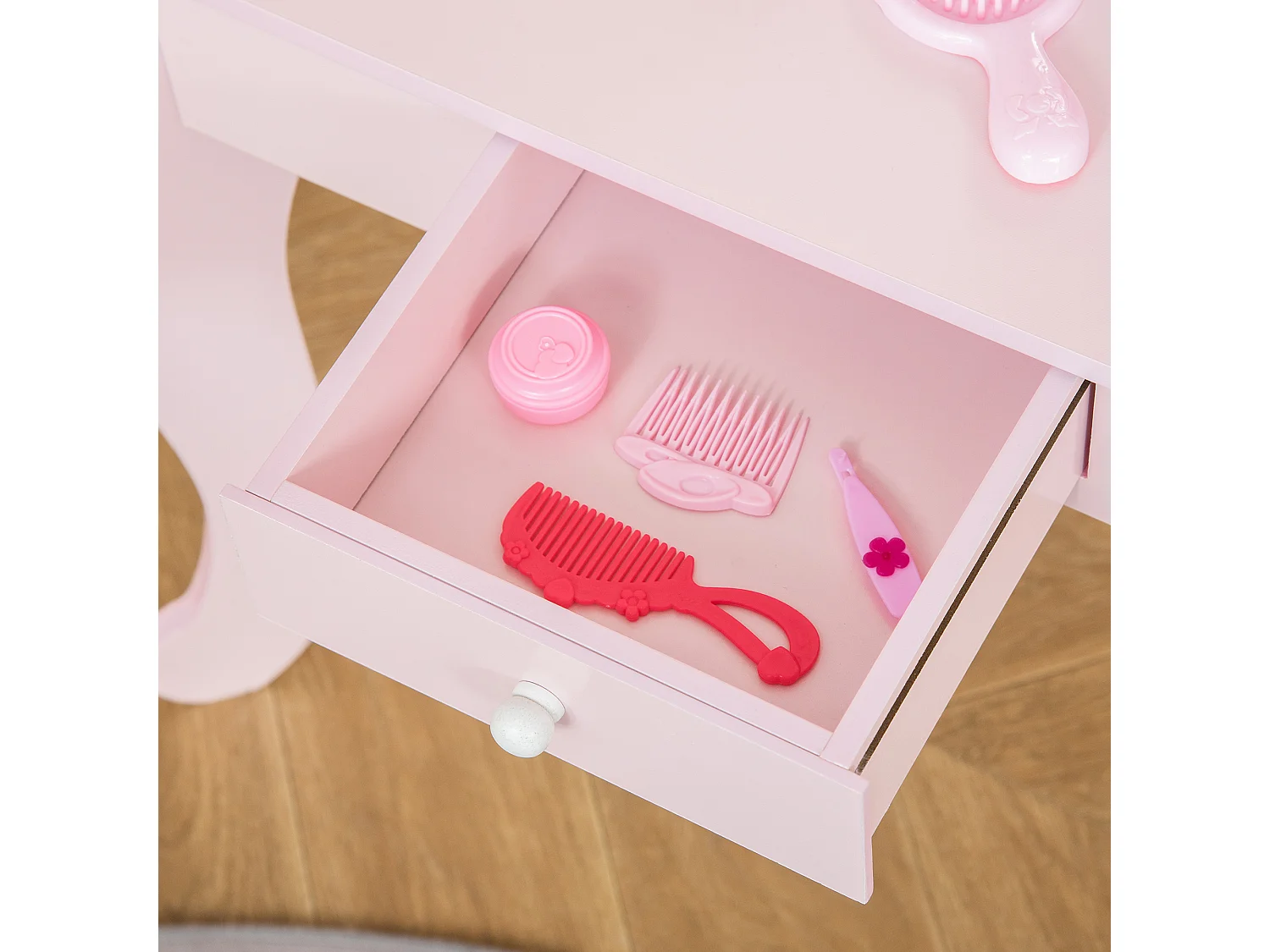 Toeletta per bambini con sgabello in legno specchio e cassetto