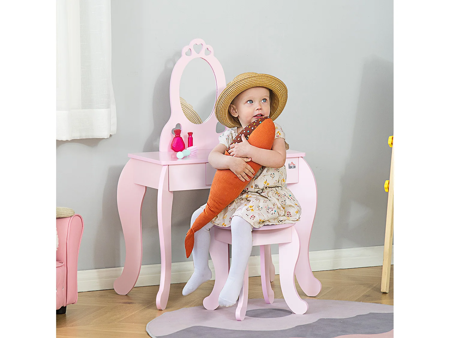 Toeletta per bambini con sgabello in legno specchio e cassetto