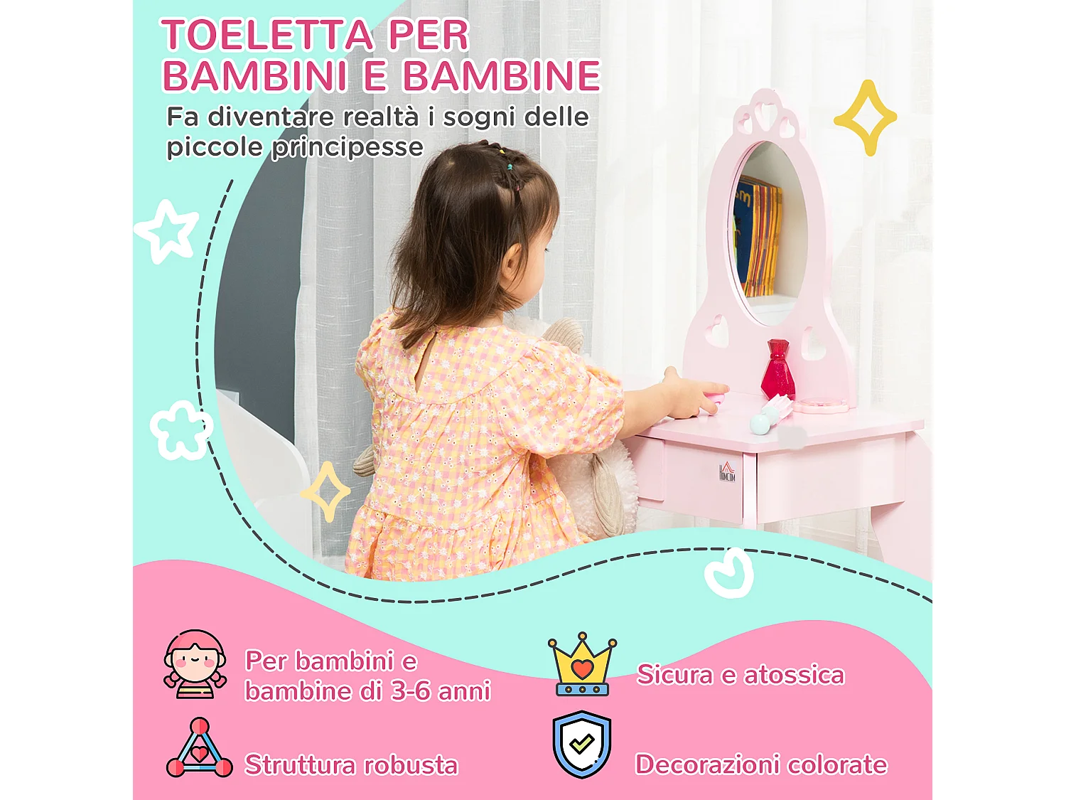 Toeletta per bambini con sgabello in legno specchio e cassetto