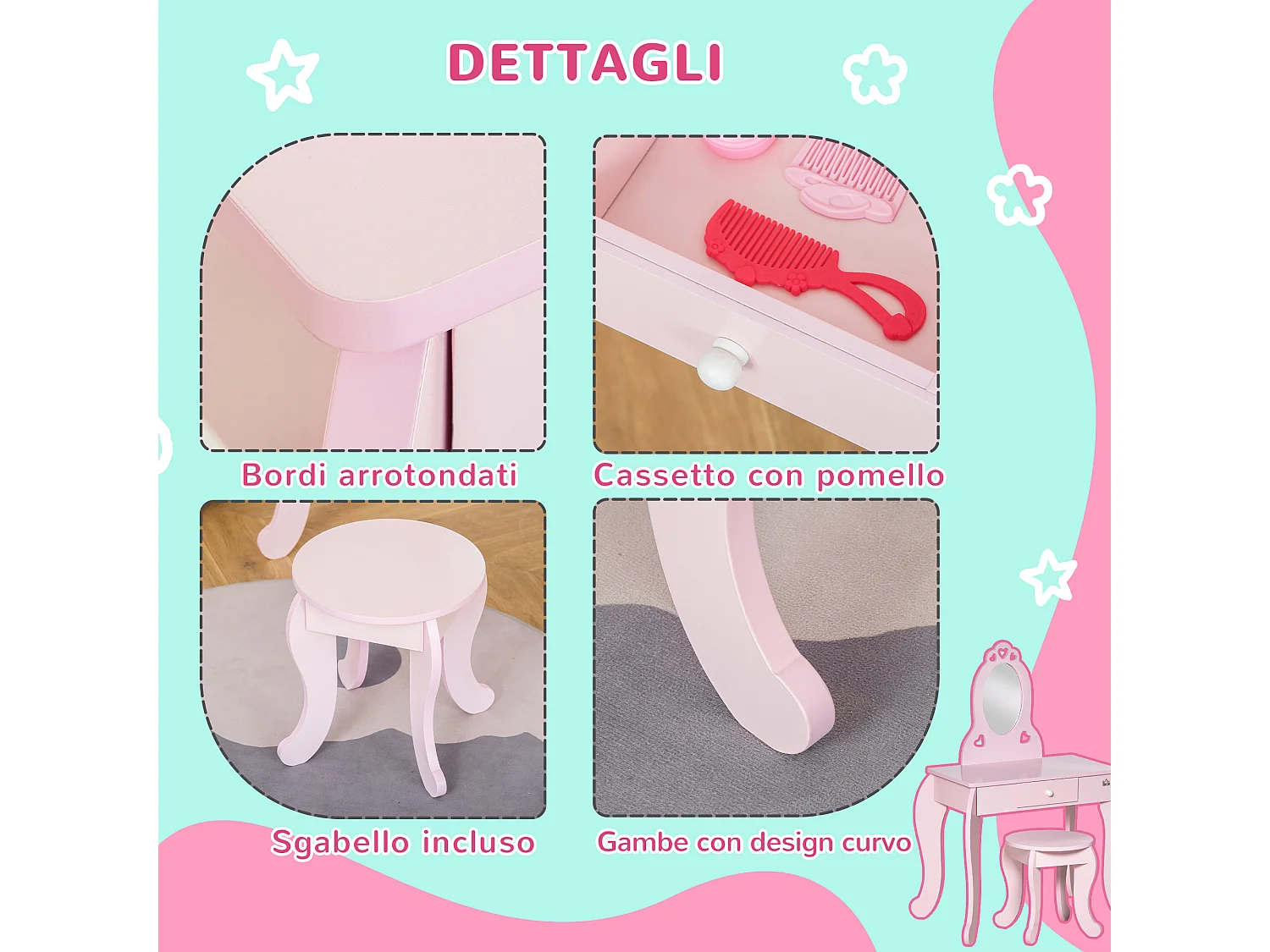 Toeletta per bambini con sgabello in legno specchio e cassetto
