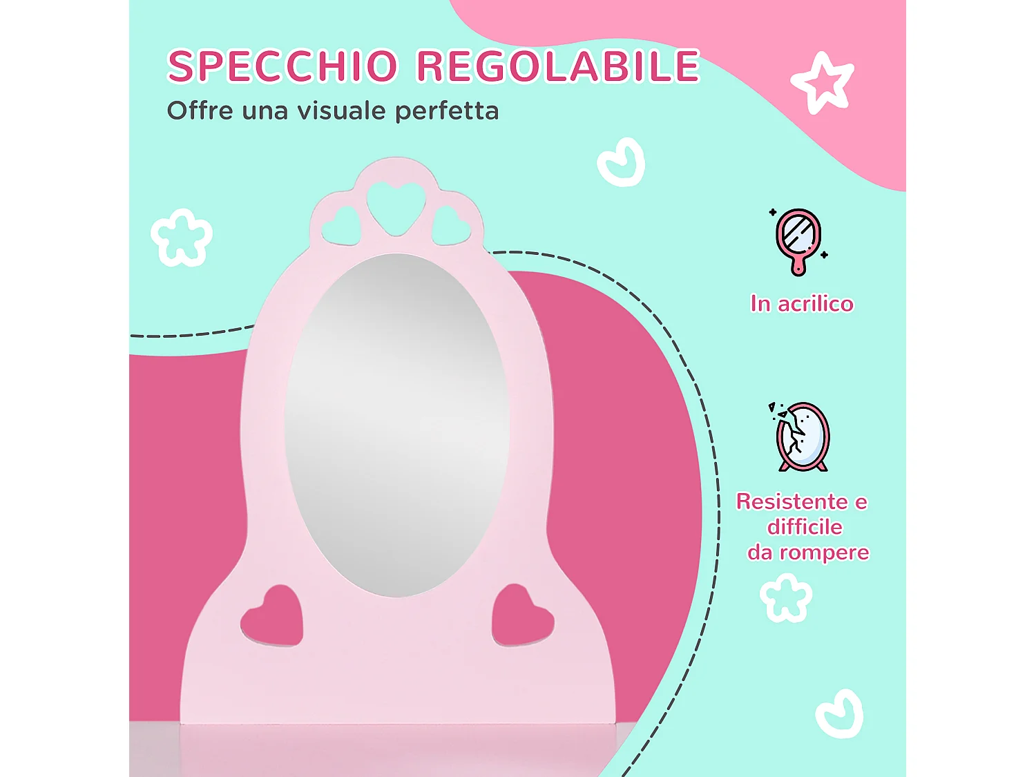 Toeletta per bambini con sgabello in legno specchio e cassetto