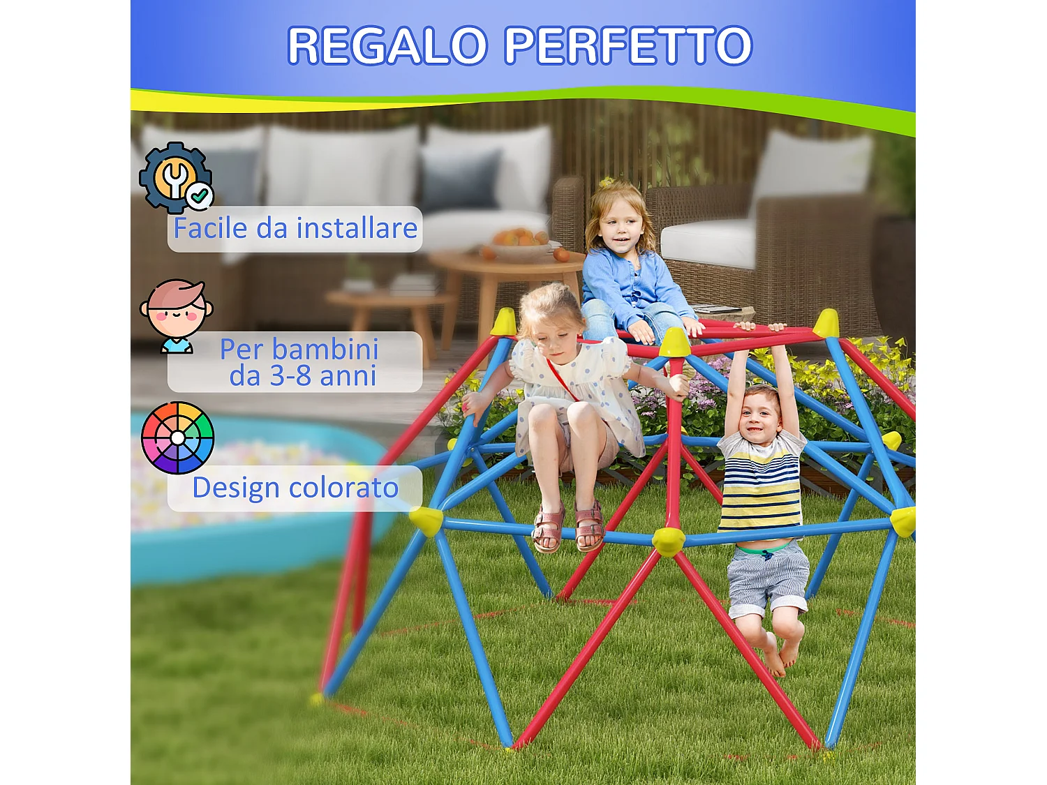 Cupola per arrampicata bambini 3-8 anni in metallo multicolore