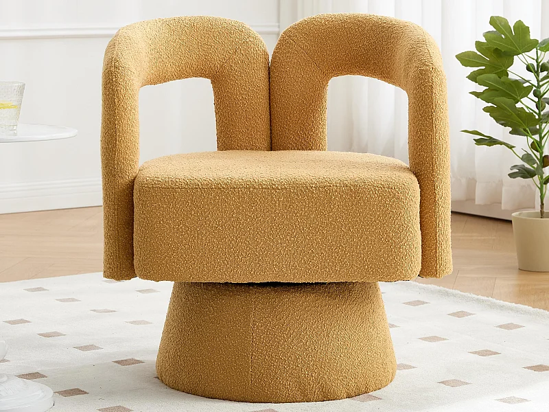 360° draaibare fauteuil in gele teddystof - dubbele boogrugleuning en modern design
