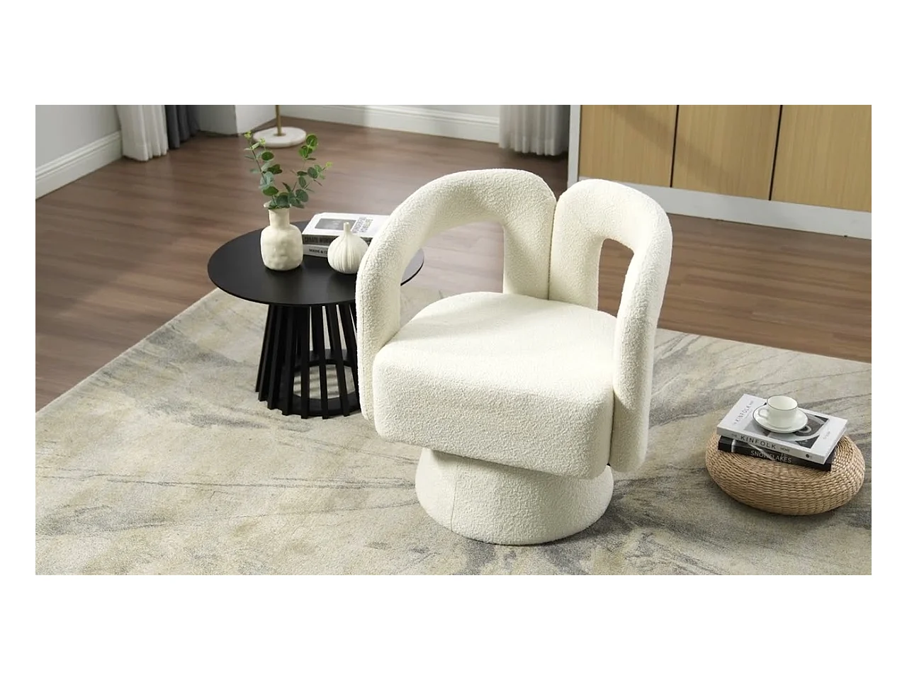 Fauteuil Pivotant à 360° en Tissu Teddy Jaune - Dossier Double Arche et Design Moderne
