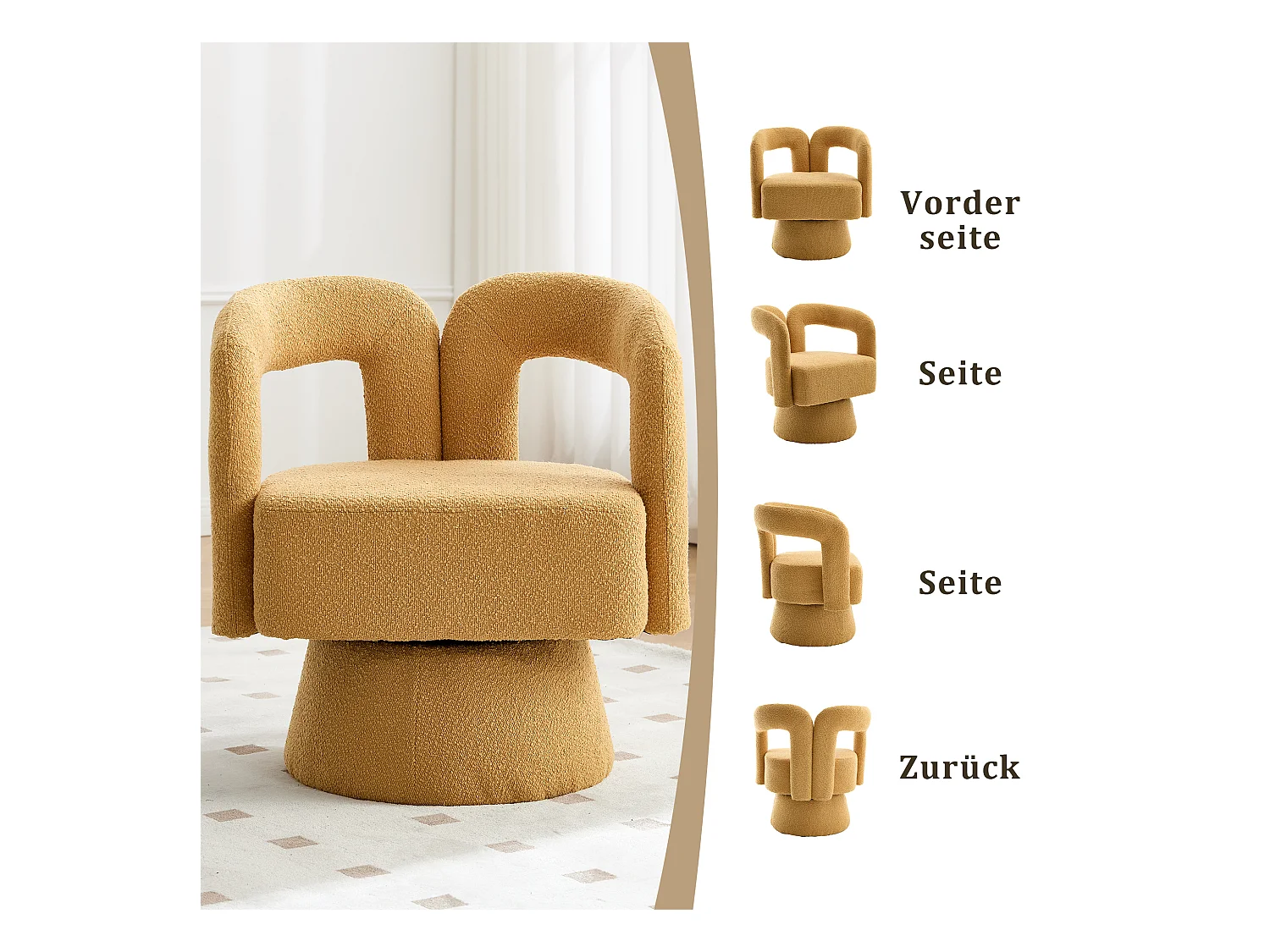 Fauteuil Pivotant à 360° en Tissu Teddy Jaune - Dossier Double Arche et Design Moderne