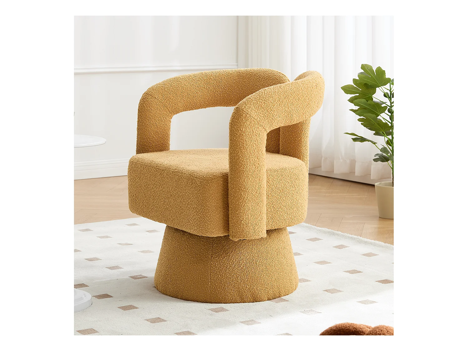 Fauteuil Pivotant à 360° en Tissu Teddy Jaune - Dossier Double Arche et Design Moderne