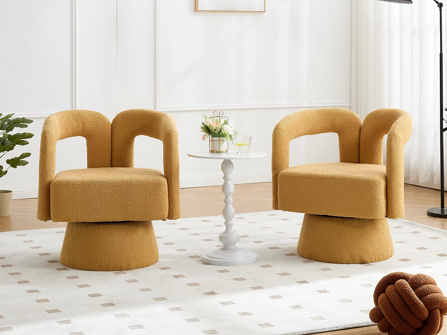 Fauteuil Pivotant à 360° en Tissu Teddy Jaune - Dossier Double Arche et Design Moderne