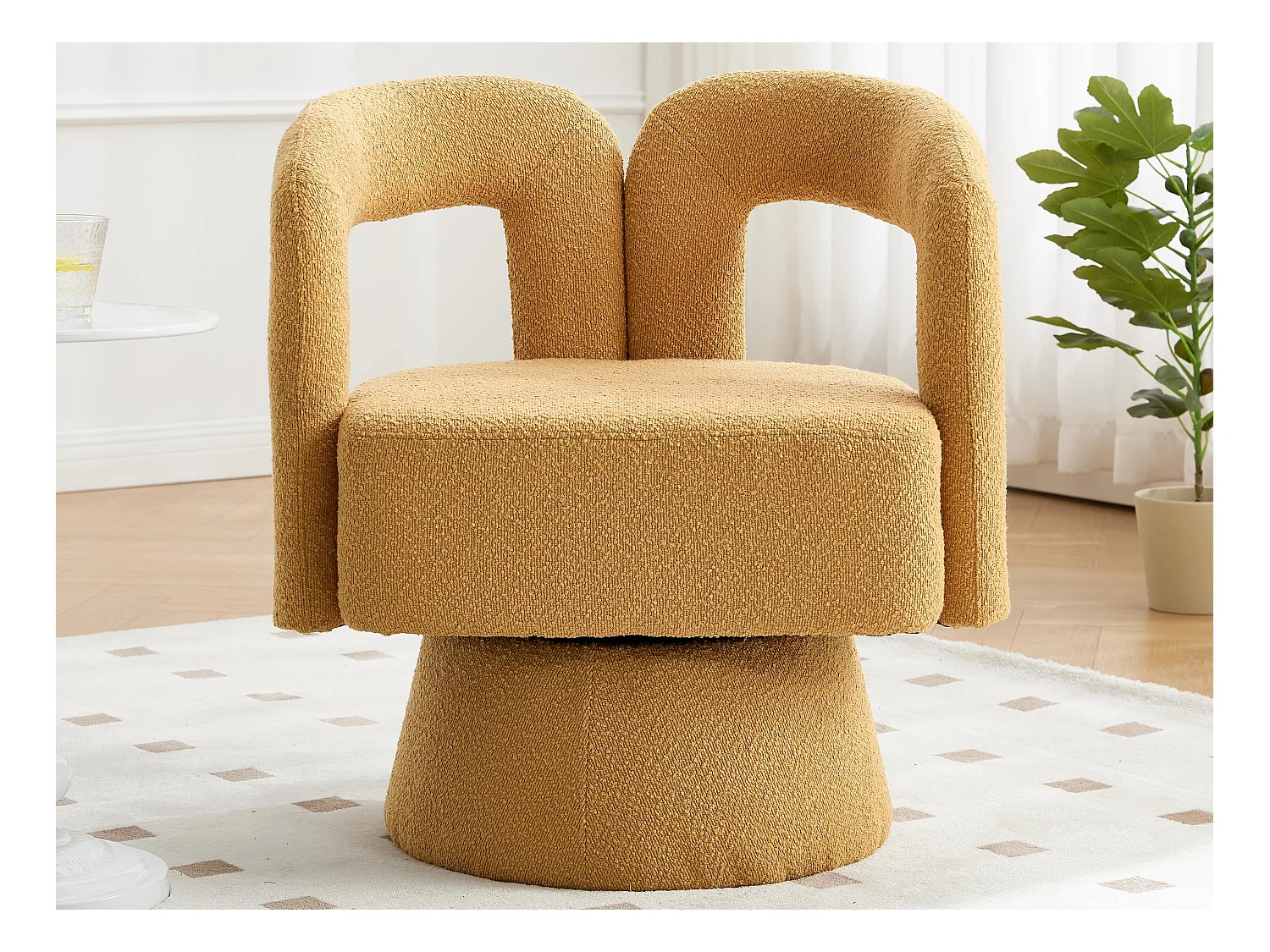 Fauteuil Pivotant à 360° en Tissu Teddy Jaune - Dossier Double Arche et Design Moderne