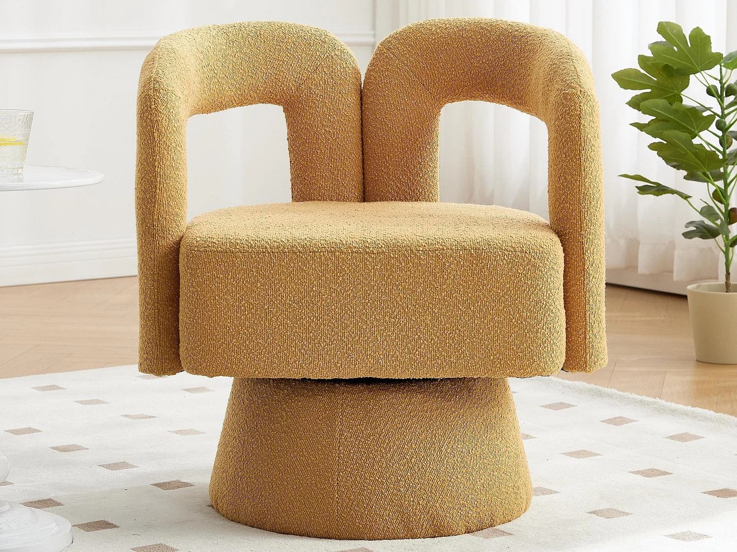 360° draaibare fauteuil in gele teddystof - dubbele boogrugleuning en modern design