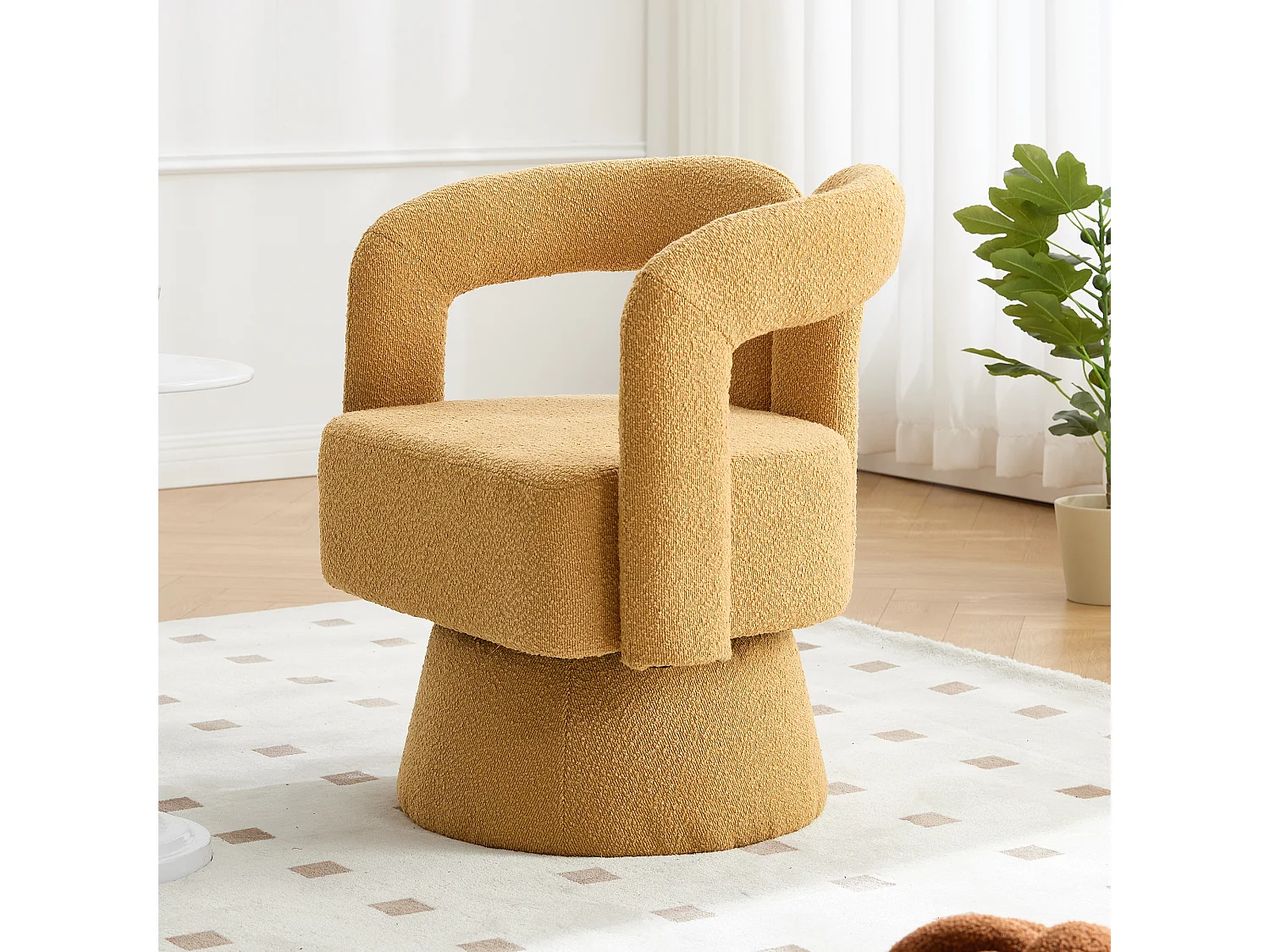 360° draaibare fauteuil in gele teddystof - dubbele boogrugleuning en modern design