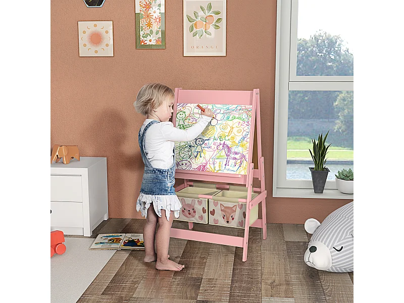 Lavagna per bambini con cavalletto e 2 contenitori rosa