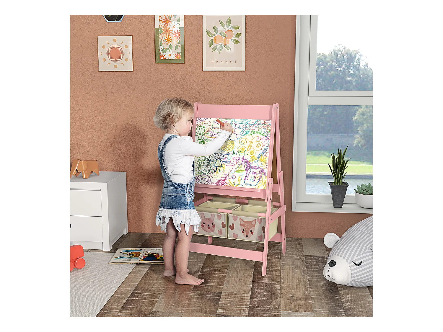 Lavagna per bambini con cavalletto e 2 contenitori rosa
