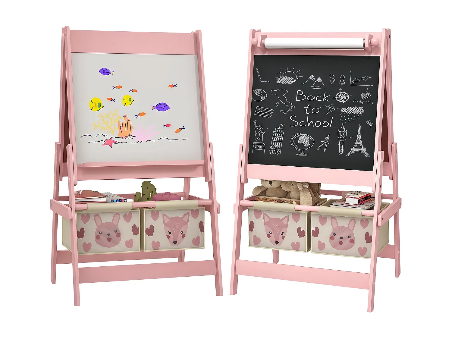 Lavagna per bambini con cavalletto e 2 contenitori rosa