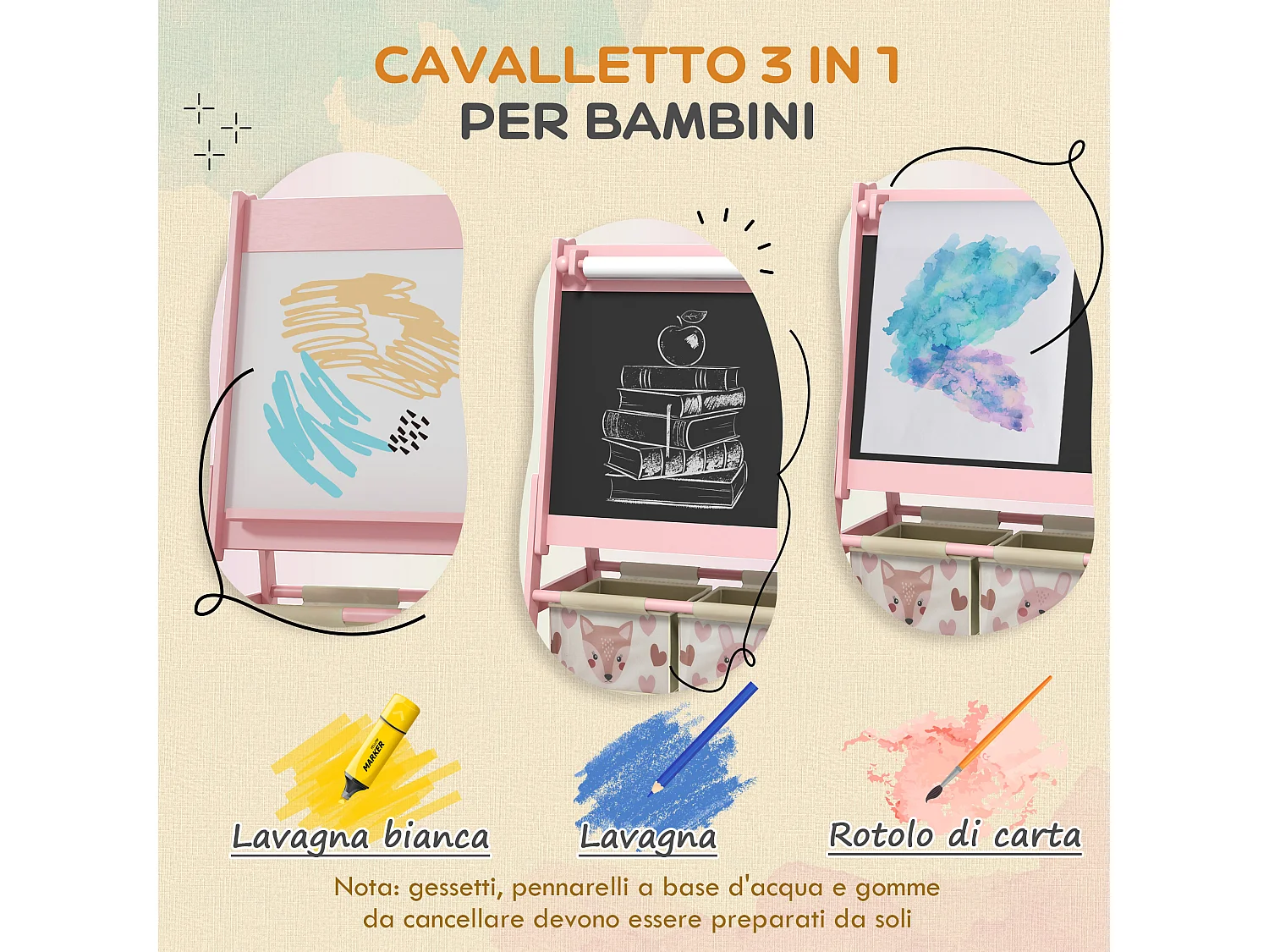 Lavagna per bambini con cavalletto e 2 contenitori rosa