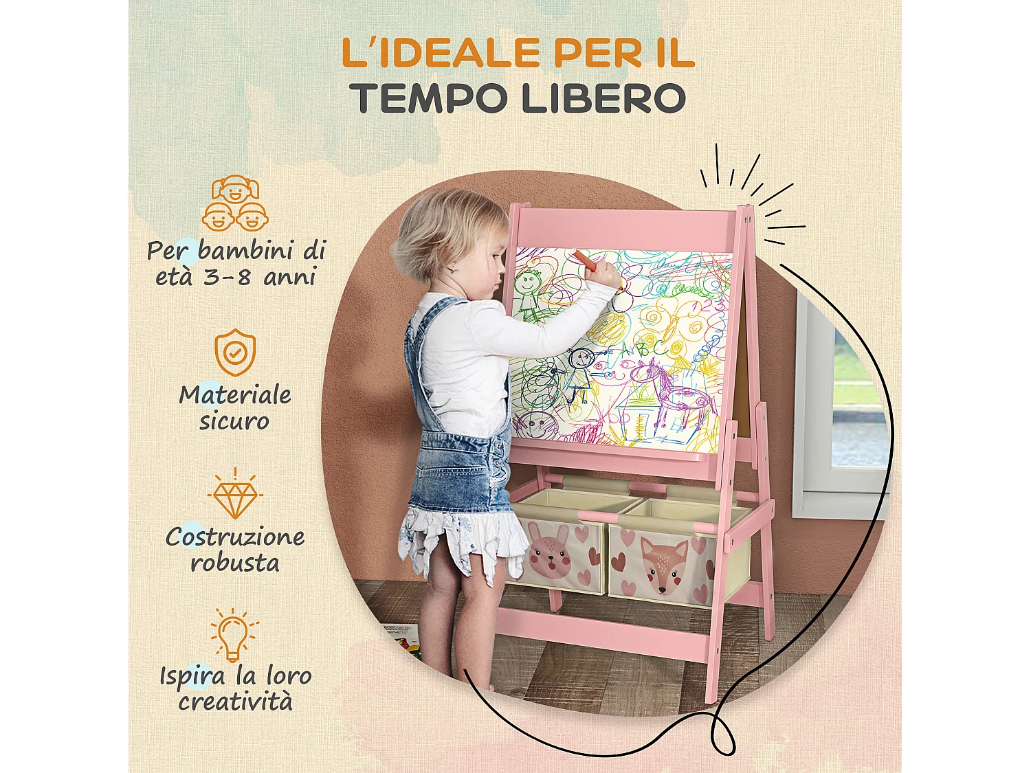 Lavagna per bambini con cavalletto e 2 contenitori rosa