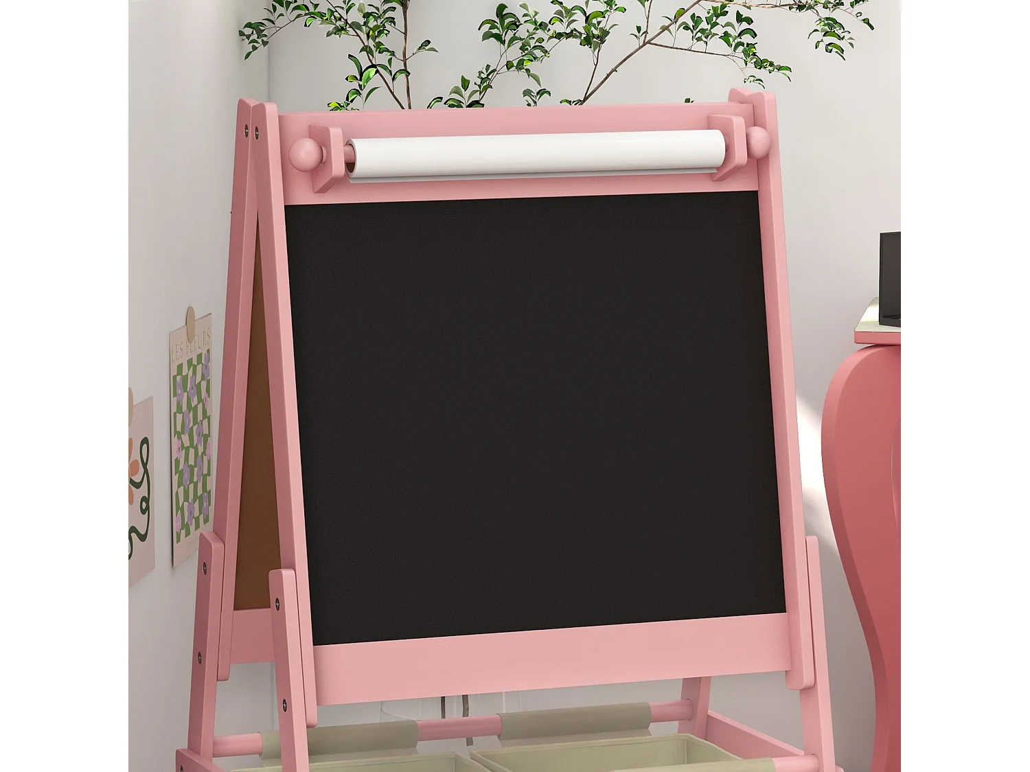 Lavagna per bambini con cavalletto e 2 contenitori rosa