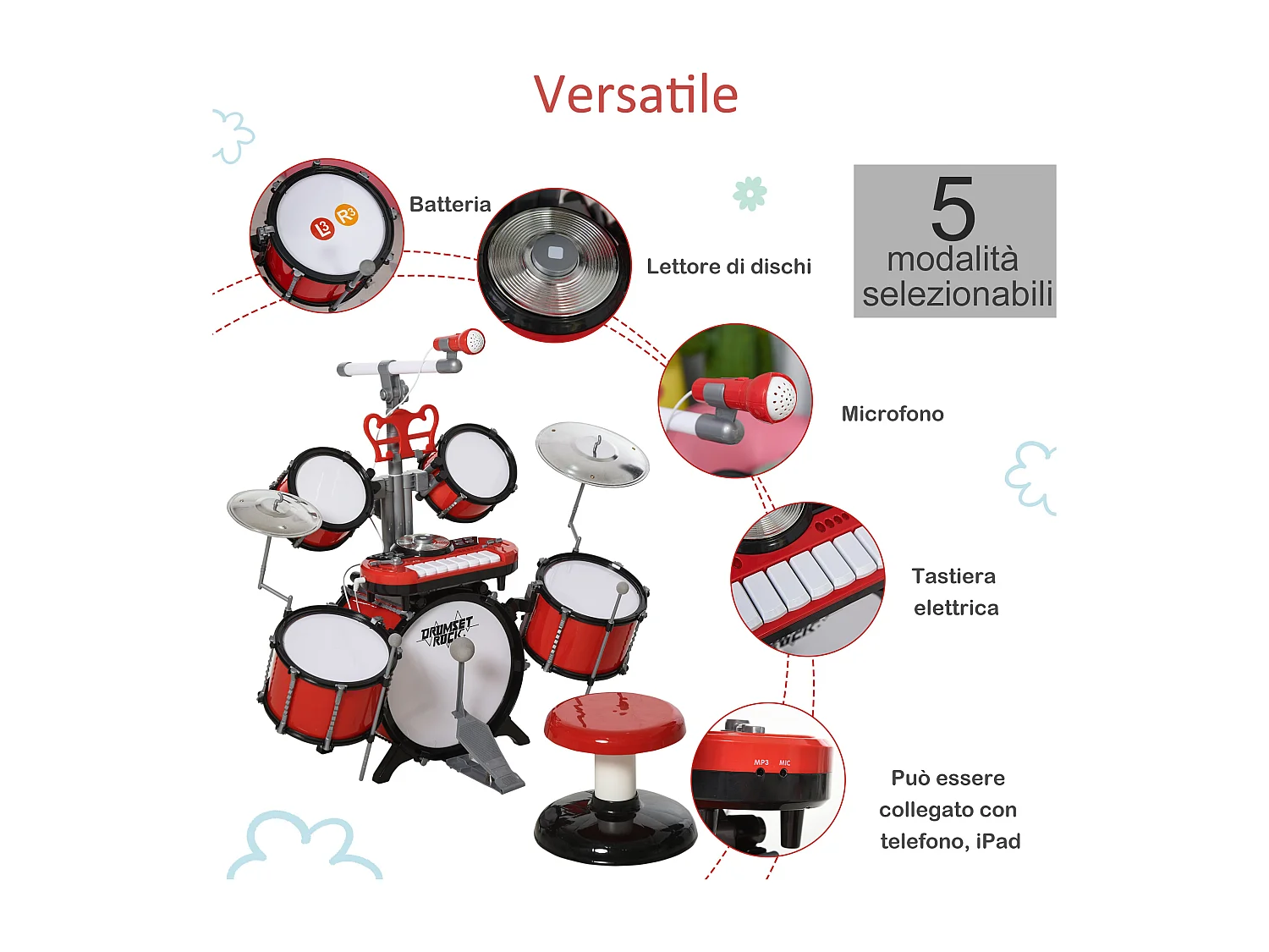 Set batteria per bambini strumenti musicali effetti sonori abs rosso