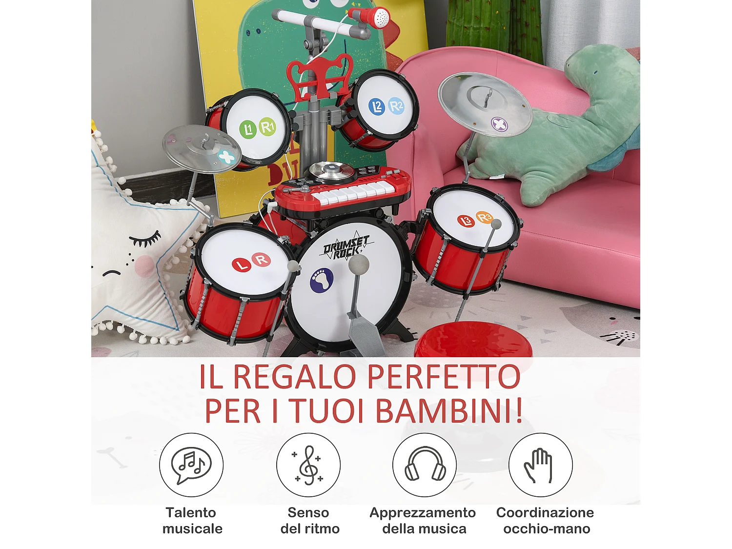 Set batteria per bambini strumenti musicali effetti sonori abs rosso