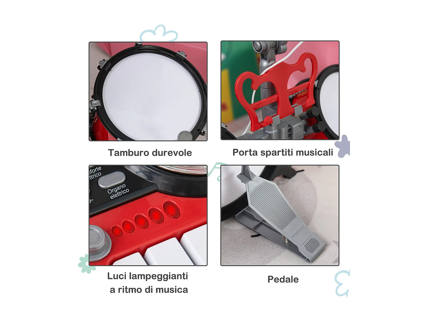 Set batteria per bambini strumenti musicali effetti sonori abs rosso