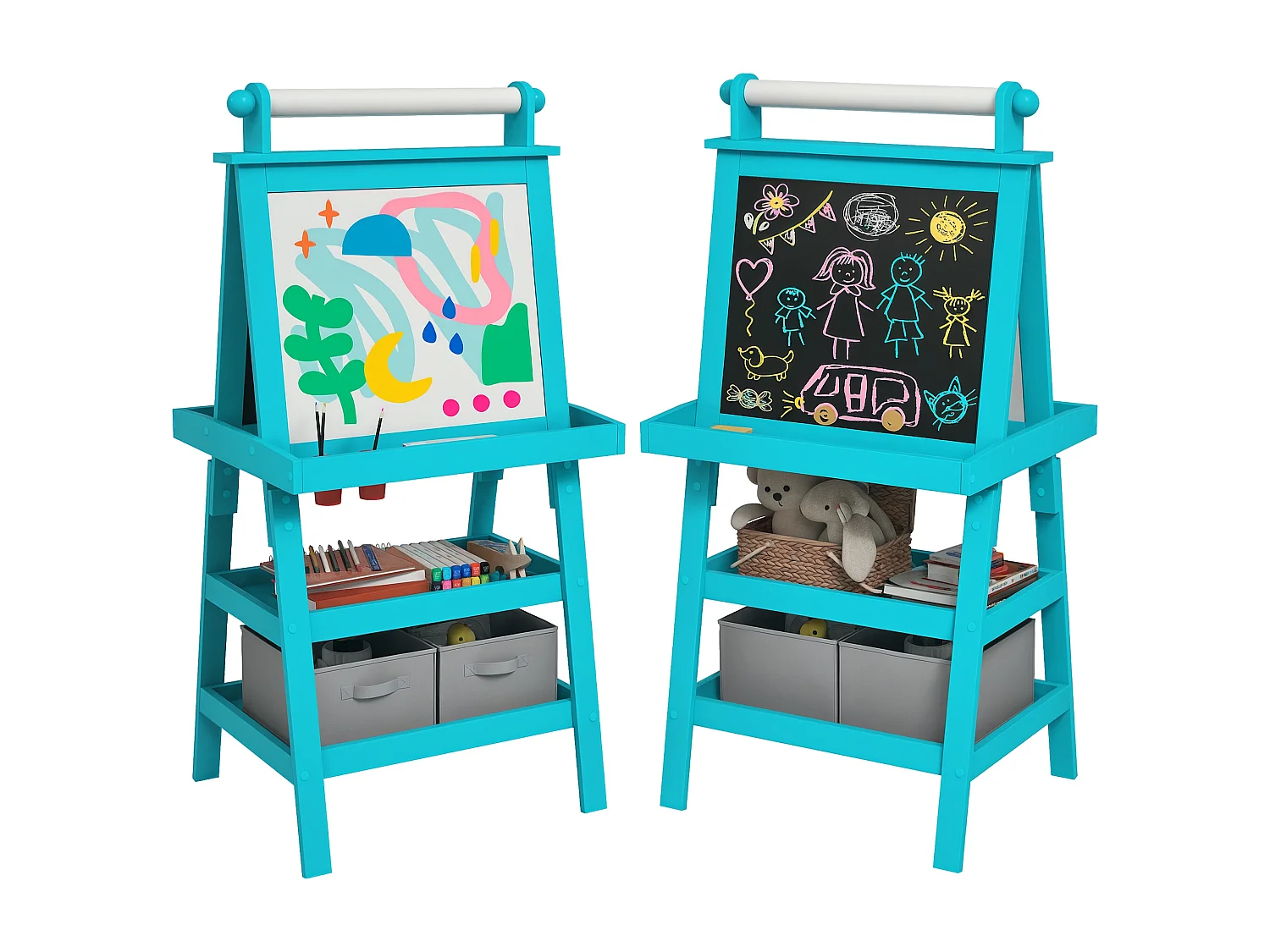 Lavagna per bambini con cavalletto in legno e rotolo di carta blu