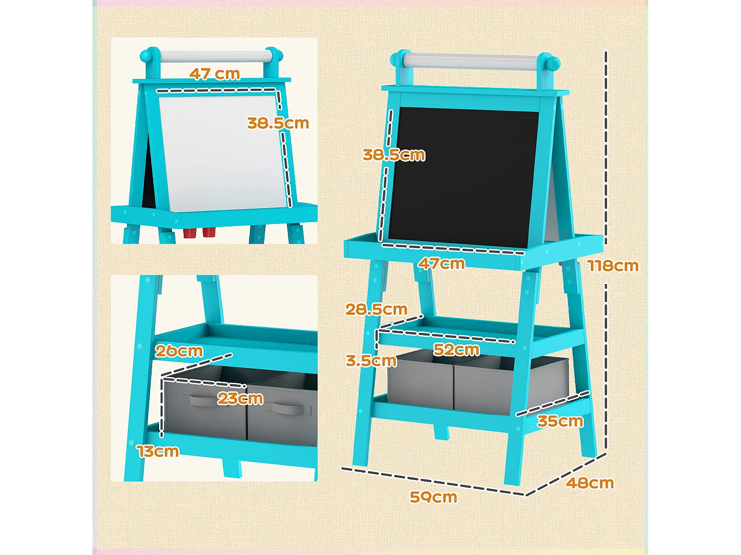 Lavagna per bambini con cavalletto in legno e rotolo di carta blu