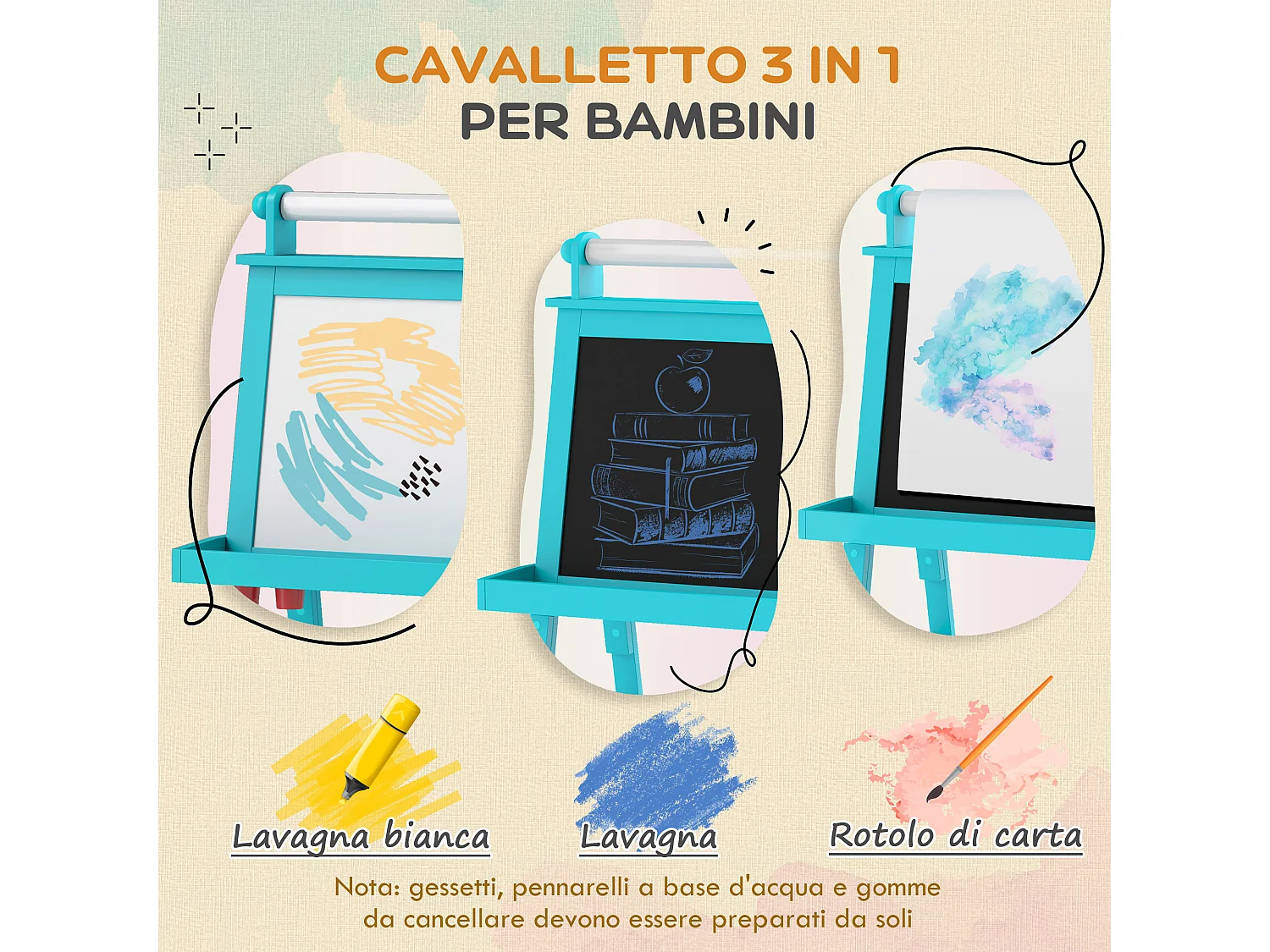 Lavagna per bambini con cavalletto in legno e rotolo di carta blu