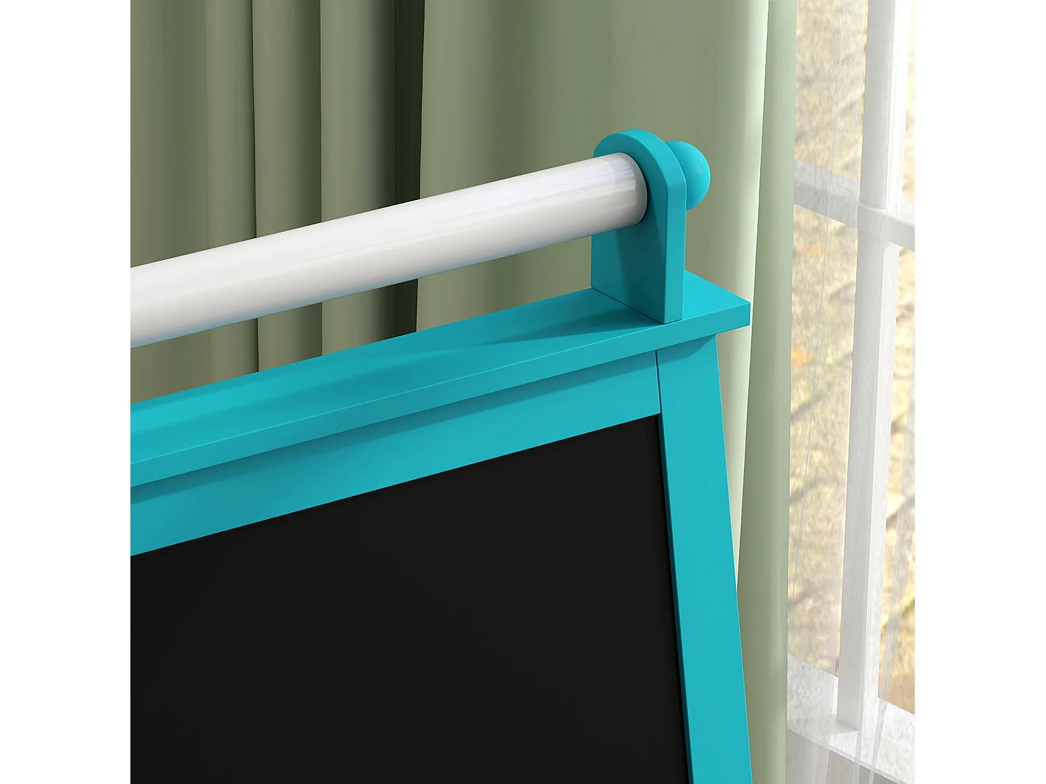 Lavagna per bambini con cavalletto in legno e rotolo di carta blu