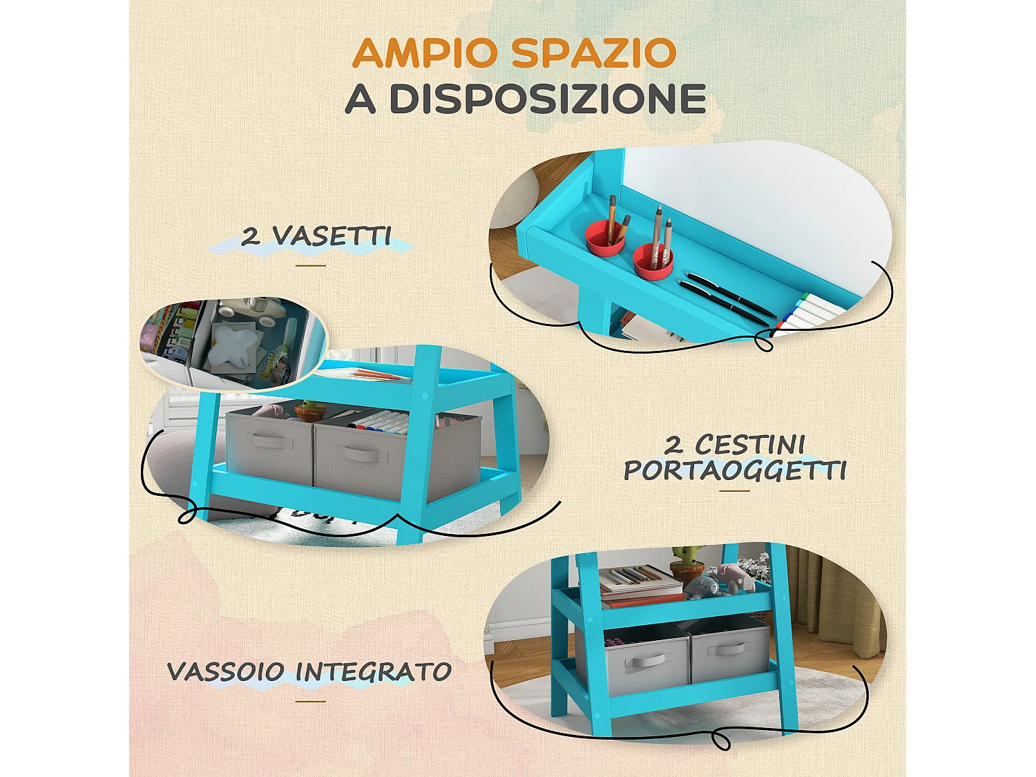 Lavagna per bambini con cavalletto in legno e rotolo di carta blu