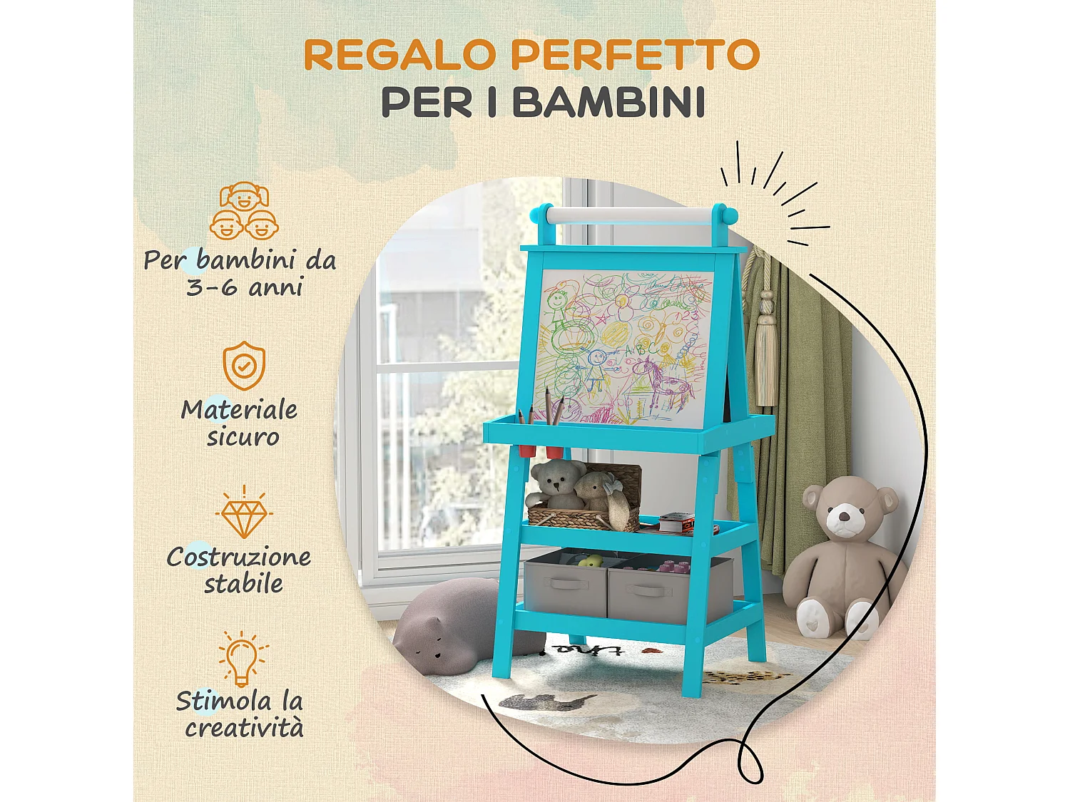 Lavagna per bambini con cavalletto in legno e rotolo di carta blu