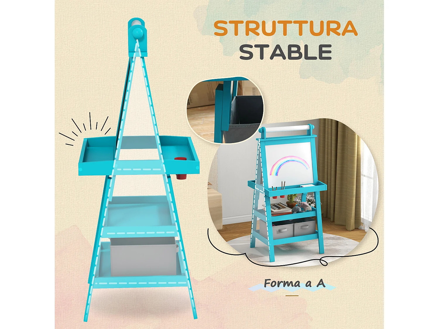 Lavagna per bambini con cavalletto in legno e rotolo di carta blu