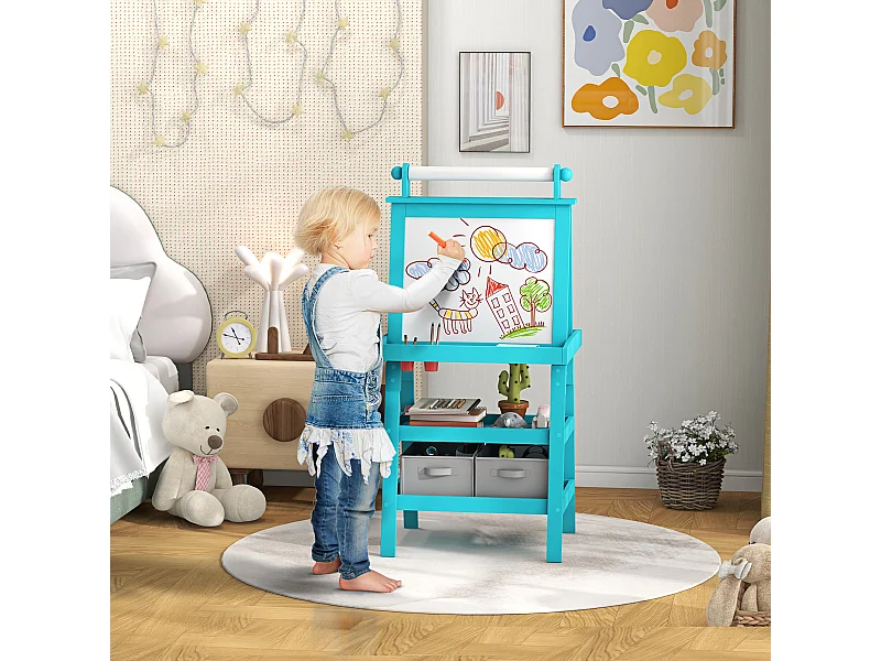 Lavagna per bambini con cavalletto in legno e rotolo di carta blu