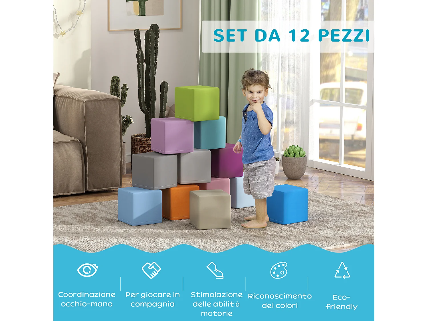 Set 12 cubi giocattolo morbidi per bimbi 12-36 mesi multicolore