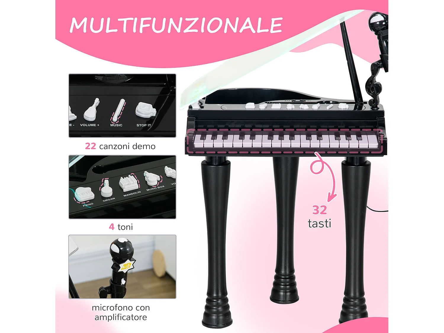Pianoforte per bambini con sgabello microfono e musiche nero