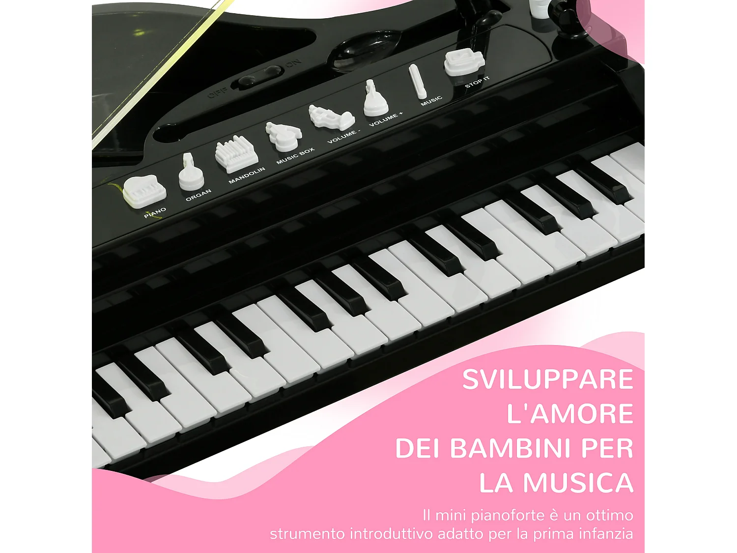 Pianoforte per bambini con sgabello microfono e musiche nero