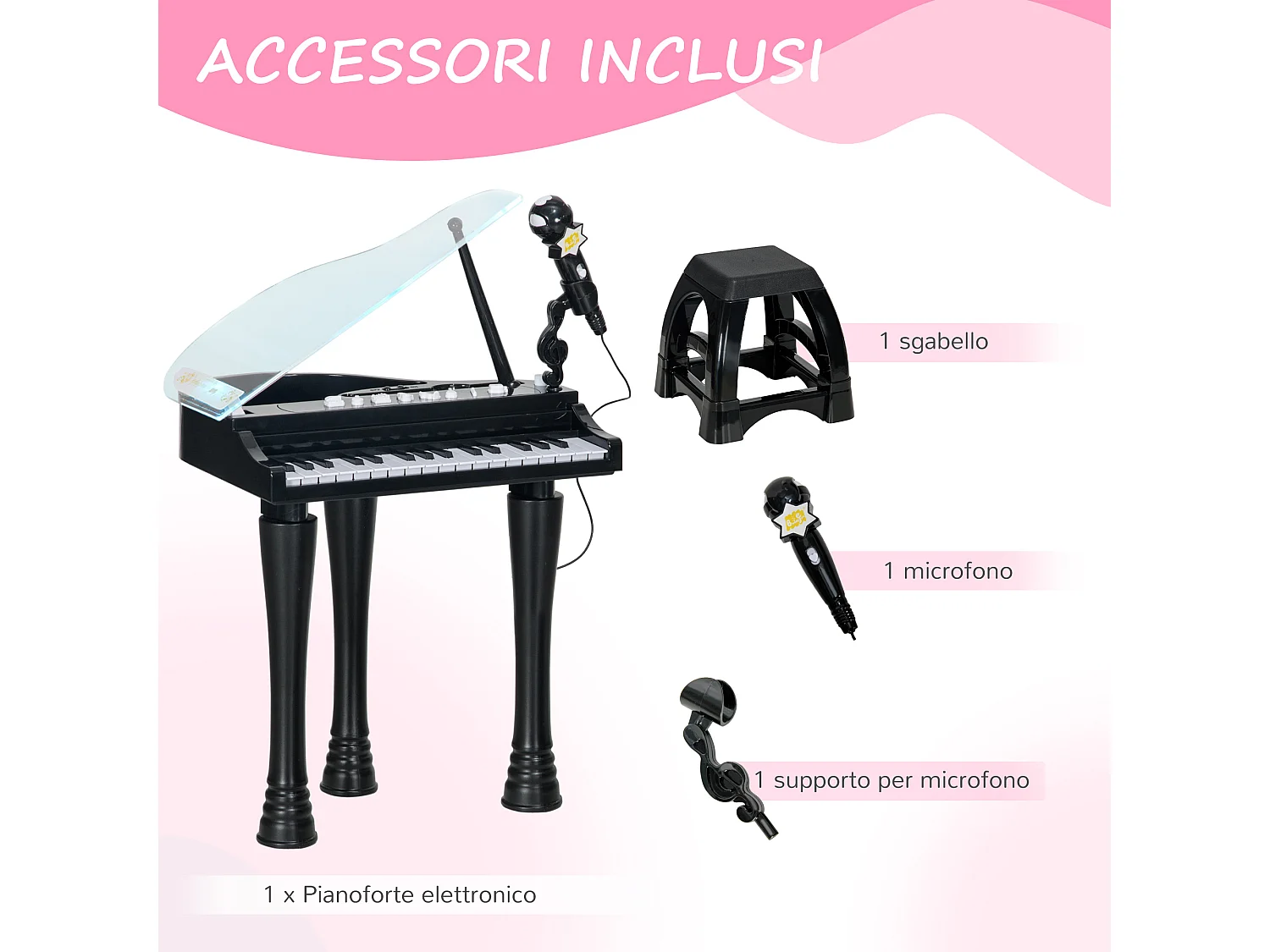 Pianoforte per bambini con sgabello microfono e musiche nero