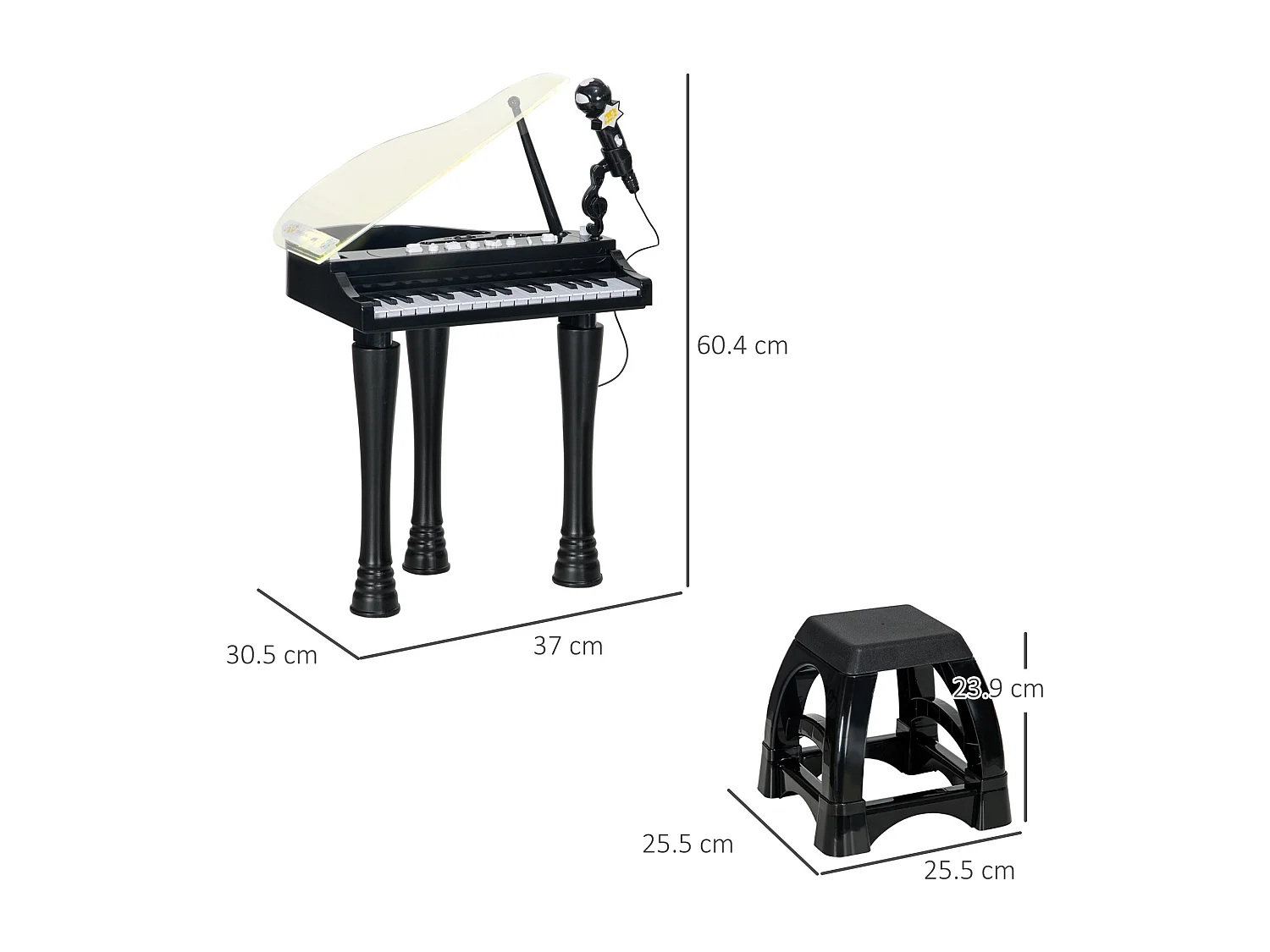 Pianoforte per bambini con sgabello microfono e musiche nero