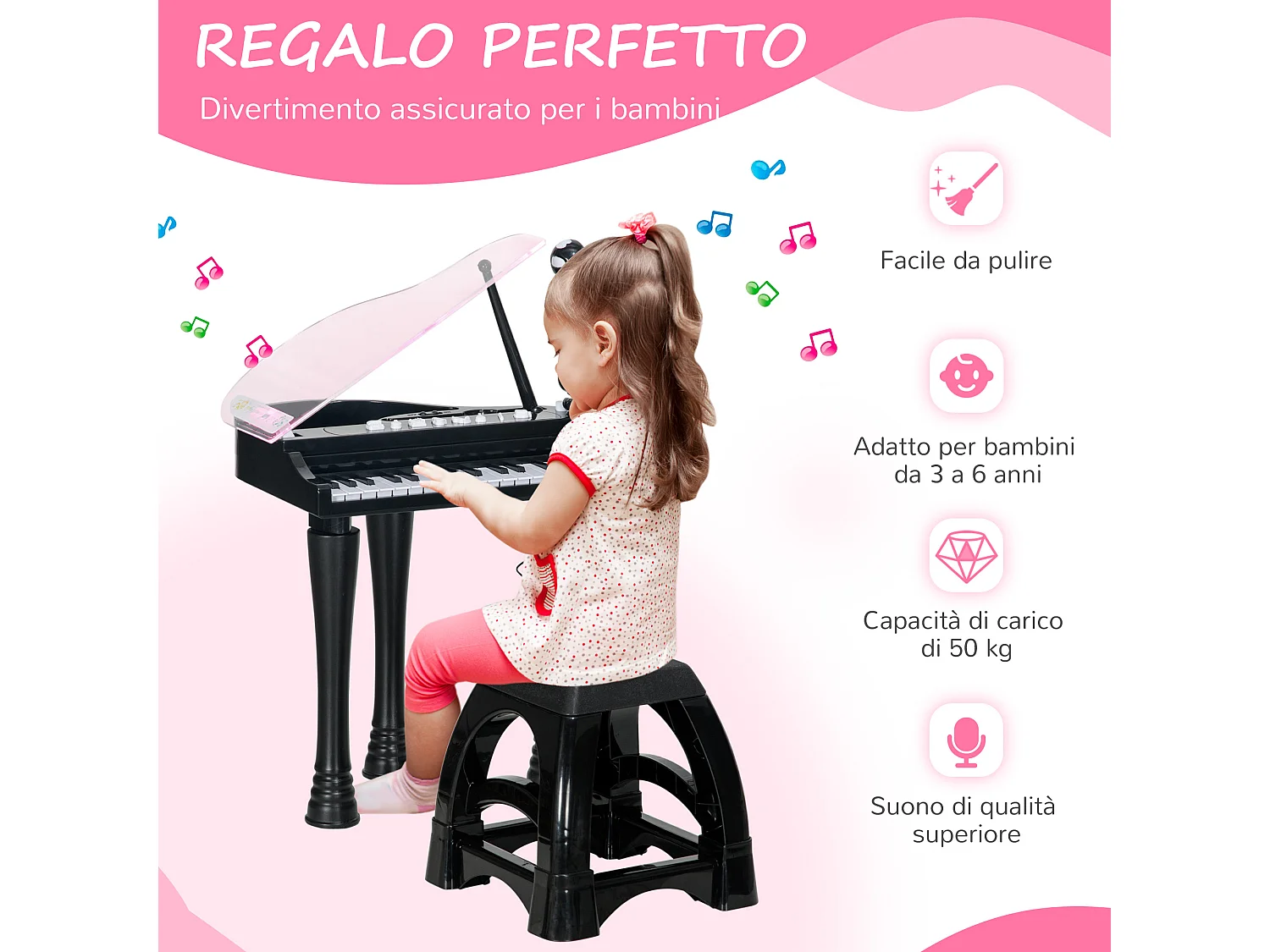 Pianoforte per bambini con sgabello microfono e musiche nero