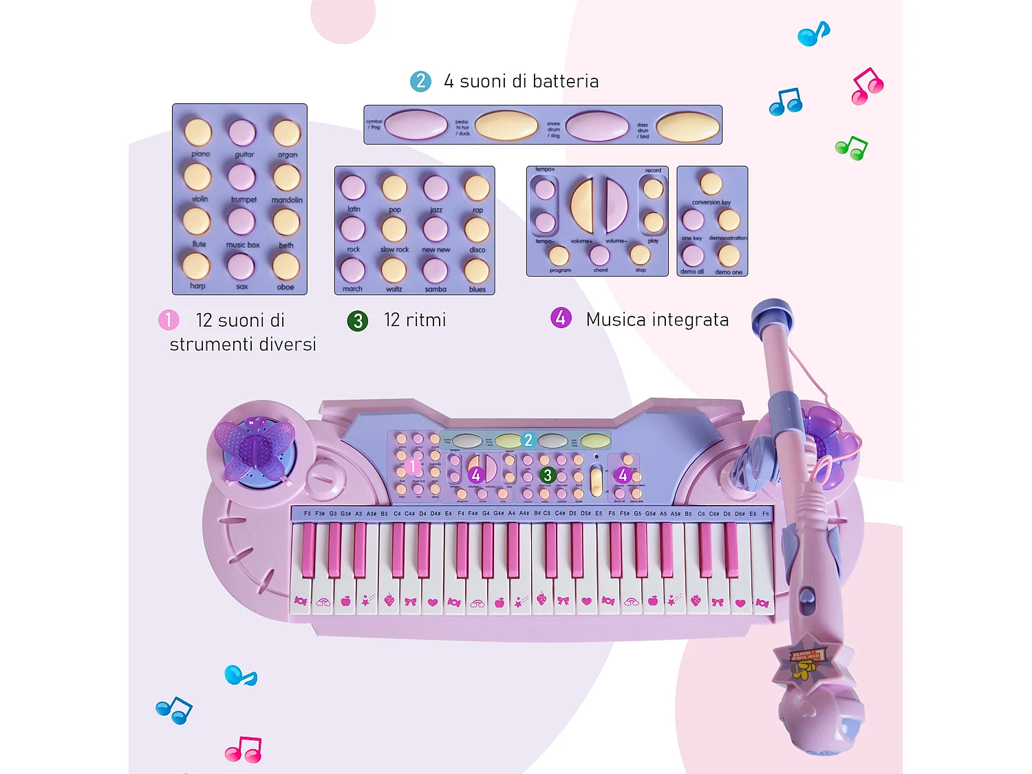 Pianola bimbi 37 tasti microfono sgabello 12 strumenti 12 ritmi