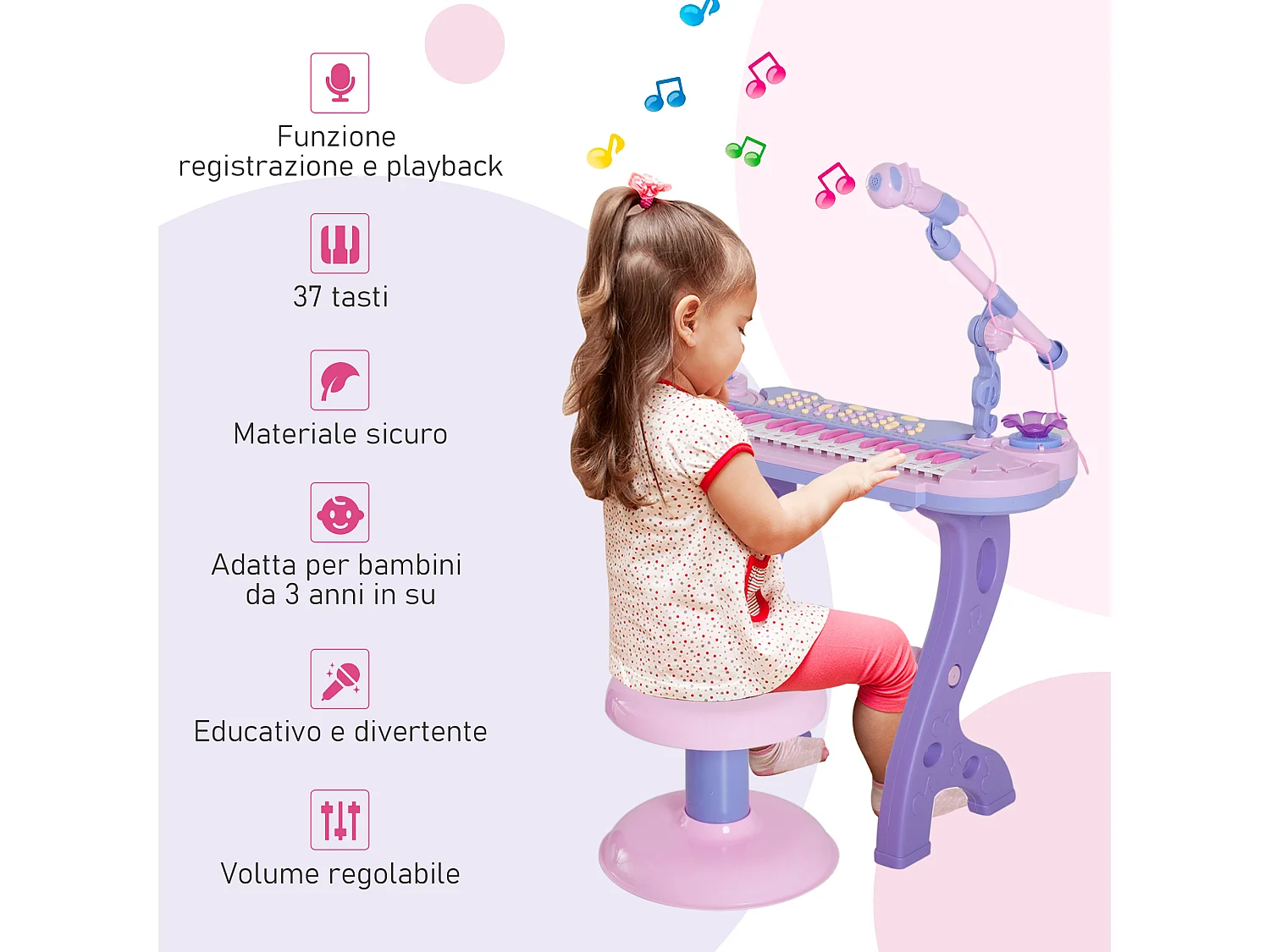 Pianola bimbi 37 tasti microfono sgabello 12 strumenti 12 ritmi