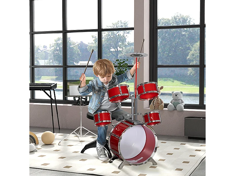 Set batteria per bambini 3-6 anni con tamburi grancassa e piatto rosso