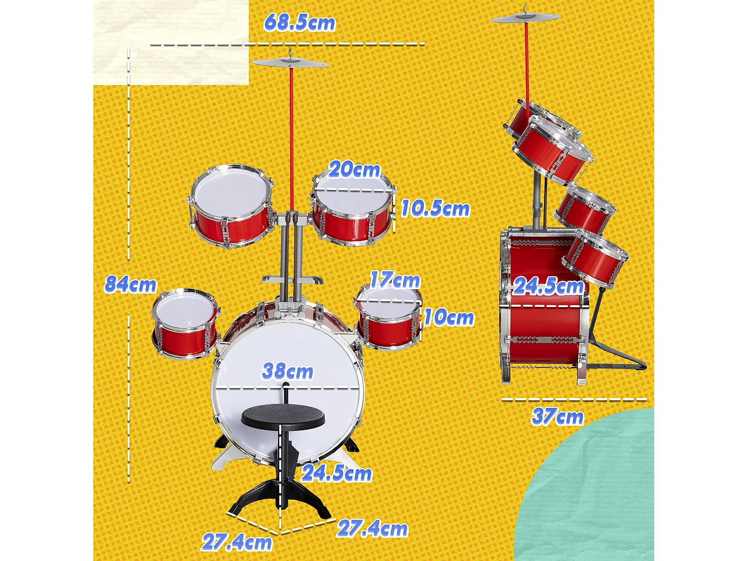 Set batteria per bambini 3-6 anni con tamburi grancassa e piatto rosso