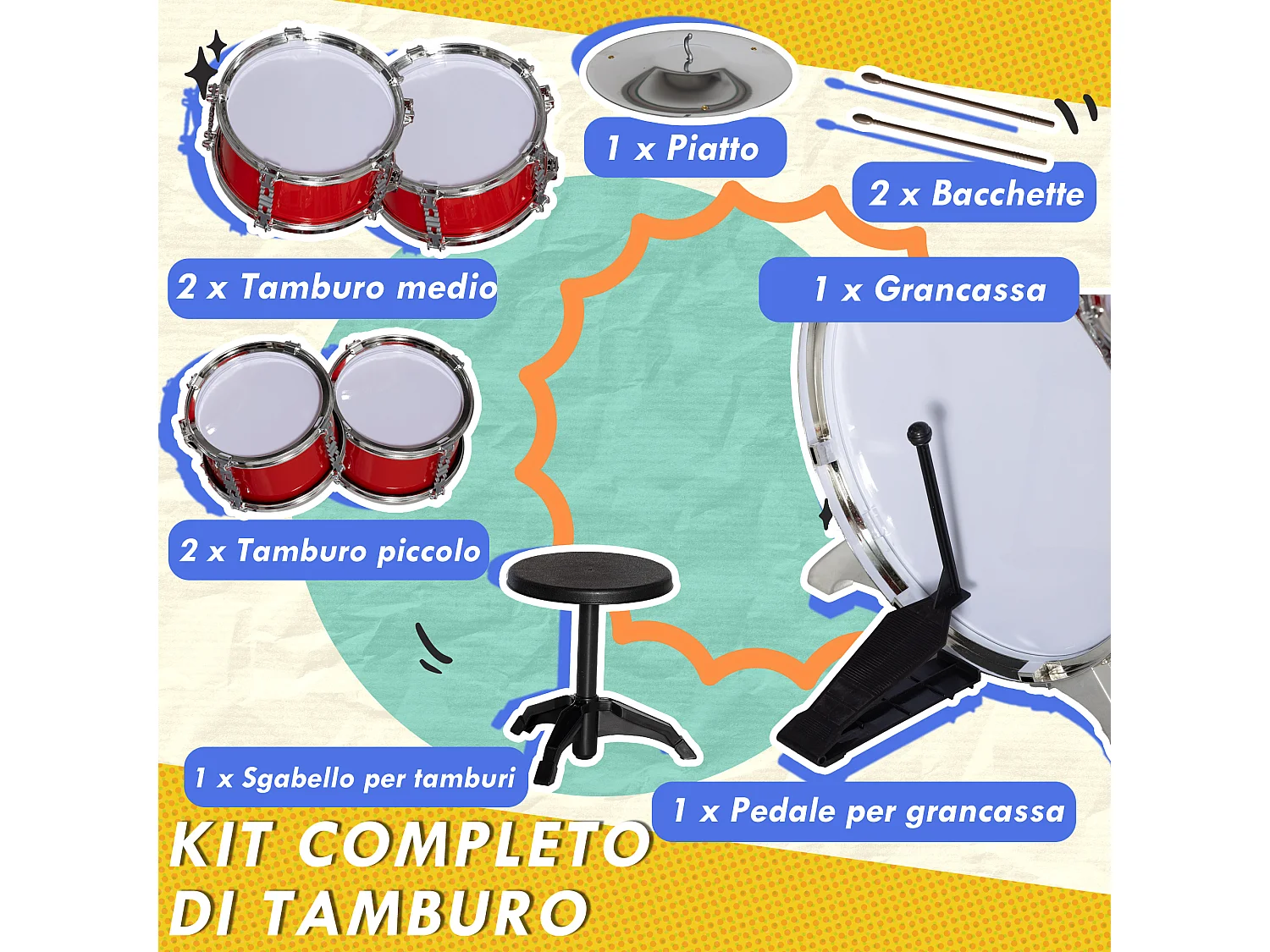 Set batteria per bambini 3-6 anni con tamburi grancassa e piatto rosso